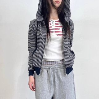 Hàn Quốc aeae sọc mũ T lười biếng gió thư thêu cardigan áo khoác nữ trùm đầu T