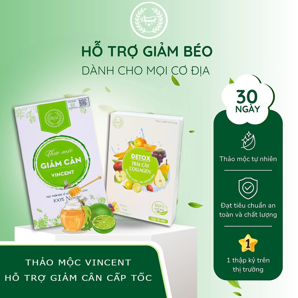 Trà Thảo Mộc Giảm cân VINCENT Chính Hãng Liệu trình 15 ngày tặng 10 viên detox giảm mỡ bụng cấp tốc