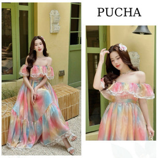 Váy xòe midi trễ vai mix màu mặc Hè, du lịch, dạo phố cực xinh