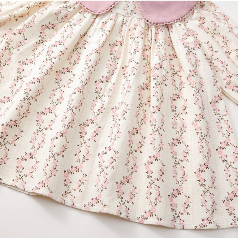 Váy Cho Bé Gái, Váy Babydoll Họa Tiết Hoa Dài Tay Cho Bé Gái Màu Hồng & Xanh Đẹp Chất Vải Mềm Mại