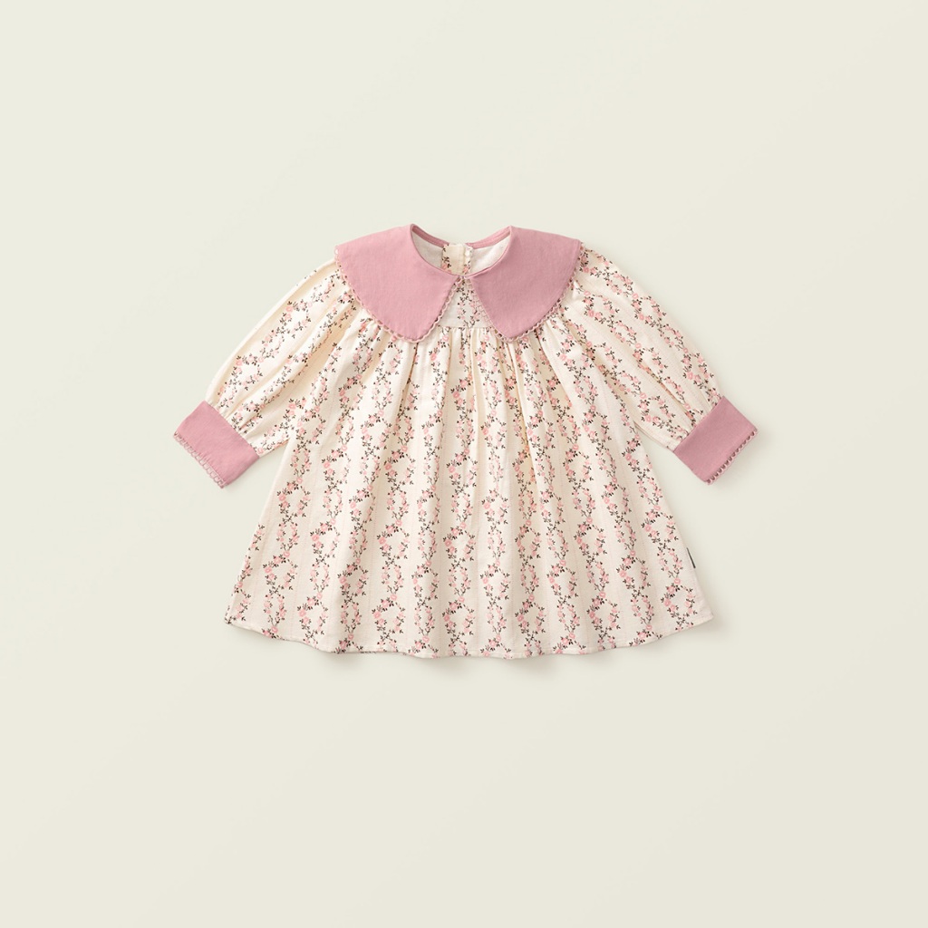 Váy Cho Bé Gái, Váy Babydoll Họa Tiết Hoa Dài Tay Cho Bé Gái Màu Hồng & Xanh Đẹp Chất Vải Mềm Mại
