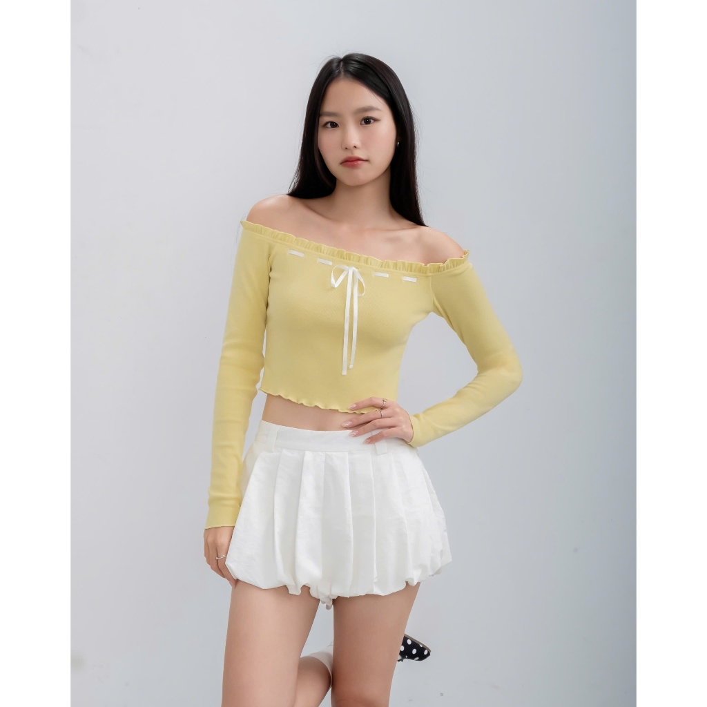 Áo Trễ Vai Nữ JOHARI Dáng Ôm Tay Dài Thắt Nơ Ngang Ngực Nhẹ Nhàng SECODEE