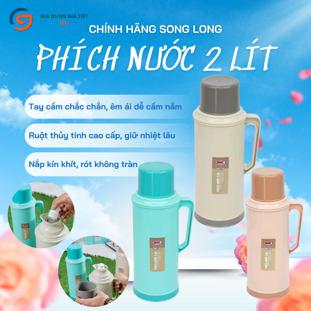 [HỎA TỐC HN] Phích nước nóng 2L Song Long, ruột thủy tinh giữ nhiệt lâu, phích giữ nhiệt nắp kín