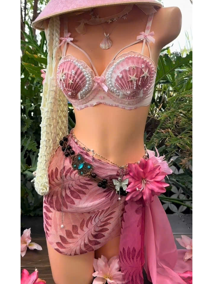 Nàng Hồng Ngọc – Bikini vỏ sò hồng phối ngọc trai. Tặng dây chuyền vỏ sò,chip, 2 kẹp hoa bất kỳ (Chưa bao gồm phụ kiện)