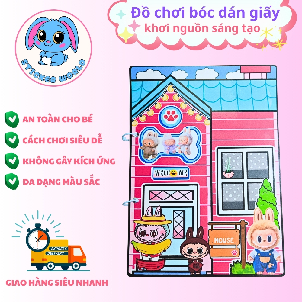 Labubu Quiet Book DIY, ngôi nhà búp bê giấy bóc dán thông minh cho trẻ ...