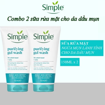 Combo 2 sữa rửa mặt Simple ngừa mụn Purifying Gel Wash kiềm dầu giảm bóng nhờn 150ml màu xanh dương