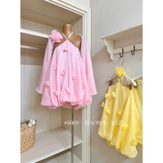Váy cổ yếm babydoll hở lưng nhún bí bồng xòe đính hoa kèm áo choàng tơ xinh xắn tiểu thư cho các nàng - BaoTran.clothes