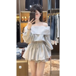 [Siêu Xinh] Set Áo Trễ Vai Tầng Kèm Quần Short Chất Cotton Kẻ Sọc – Phong Cách Tiểu Thư Hàn Quốc, Nữ Tính & Sang Trọng