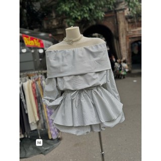 [Siêu Xinh] Set Áo Trễ Vai Tầng Kèm Quần Short Chất Cotton Kẻ Sọc – Phong Cách Tiểu Thư Hàn Quốc, Nữ Tính & Sang Trọng