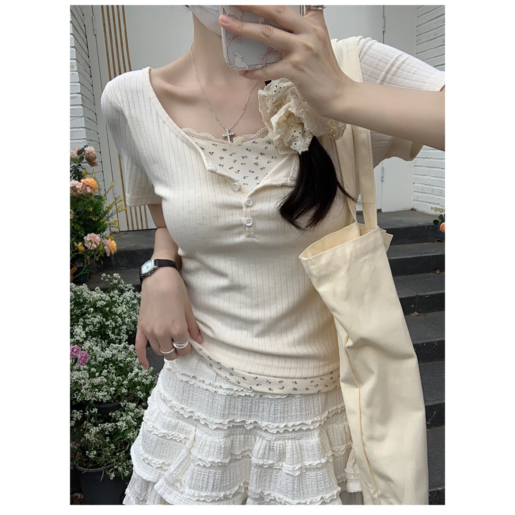 (Hàng Quảng Châu CC) Áo Thun Nữ Phối Ren Hoa Nhí Tay Ngắn Phong Cách Vintage Hàn Quốc Nhẹ Nhàng