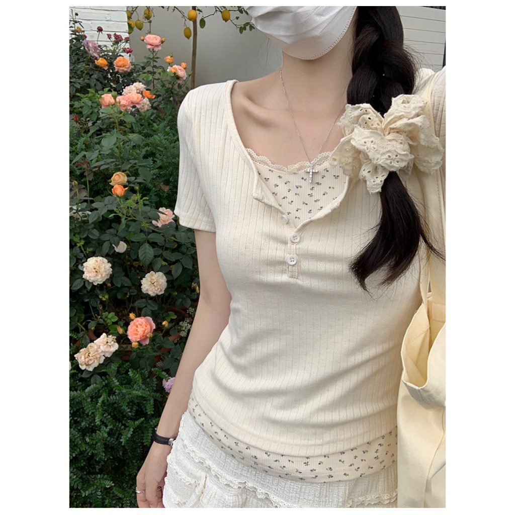 (Hàng Quảng Châu CC) Áo Thun Nữ Phối Ren Hoa Nhí Tay Ngắn Phong Cách Vintage Hàn Quốc Nhẹ Nhàng