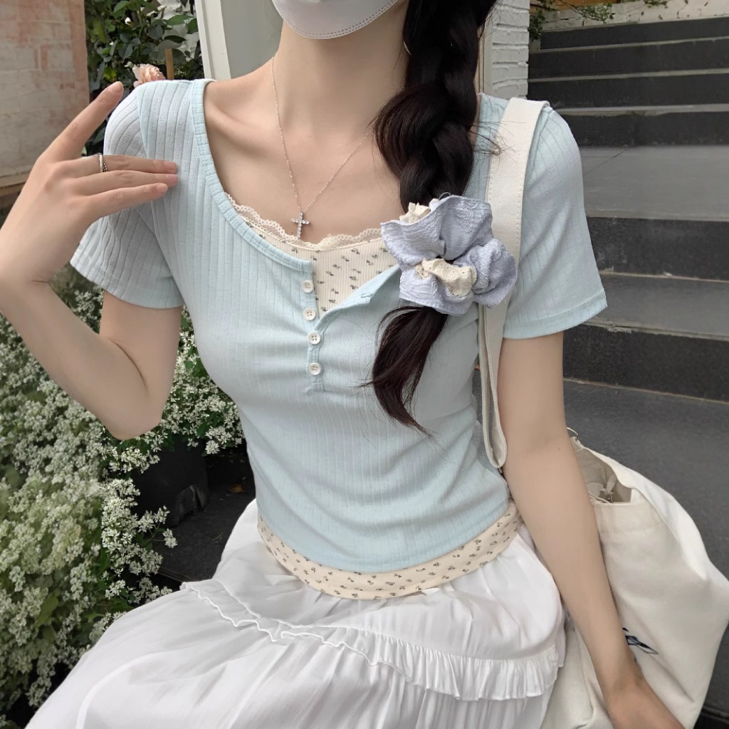 (Hàng Quảng Châu CC) Áo Thun Nữ Phối Ren Hoa Nhí Tay Ngắn Phong Cách Vintage Hàn Quốc Nhẹ Nhàng
