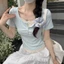 Áo Thun Nữ Phối Ren Hoa Nhí Tay Ngắn Phong Cách Vintage Hàn Quốc Nhẹ Nhàng