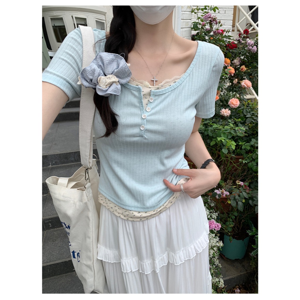 (Hàng Quảng Châu CC) Áo Thun Nữ Phối Ren Hoa Nhí Tay Ngắn Phong Cách Vintage Hàn Quốc Nhẹ Nhàng