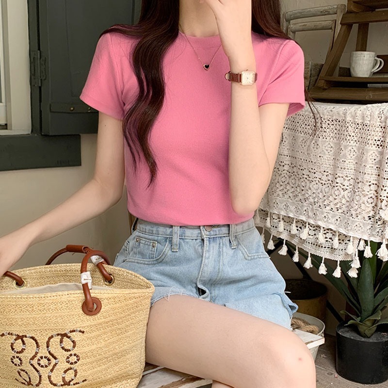 (Hàng Quảng Châu CC) Áo Thun Nữ Babytee Trơn Basic Thun Tăm Cổ Tròn Tay Ngắn Ôm Body