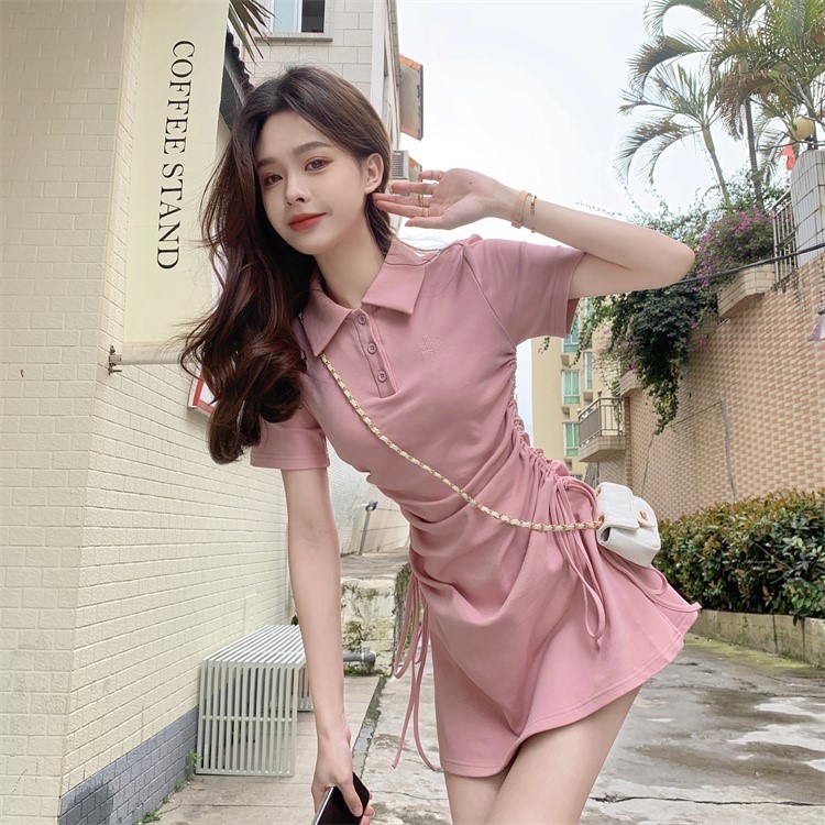 (Hàng Quảng Châu CC) Đầm POLO Tay Ngắn Rút Eo Tôn Dáng Phối Thêu Chữ Ngực Váy Body Ngắn Cao Cấp