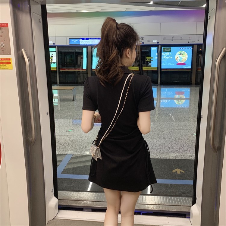 (Hàng Quảng Châu CC) Đầm POLO Tay Ngắn Rút Eo Tôn Dáng Phối Thêu Chữ Ngực Váy Body Ngắn Cao Cấp