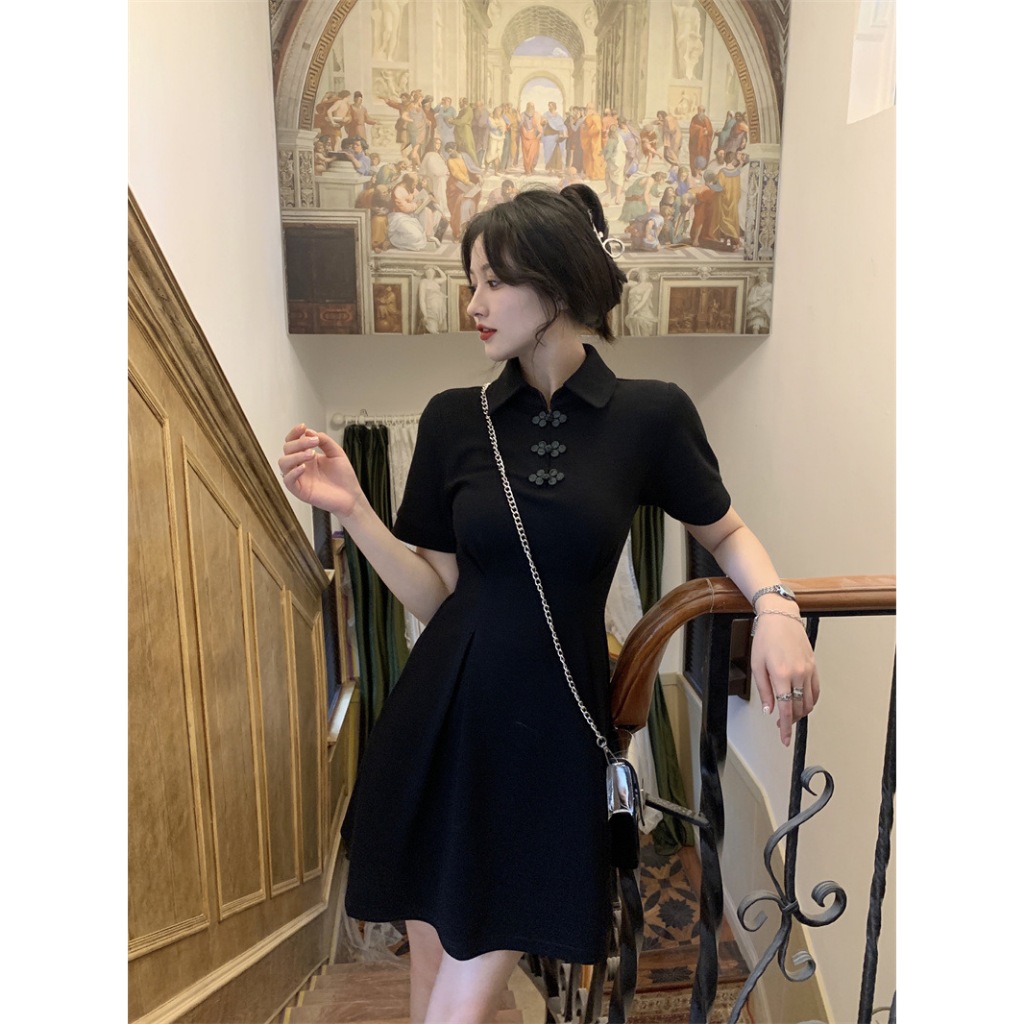(Hàng Quảng Châu CC) Đầm Polo Phối Nút Tàu Tay Ngắn Kiểu Sườn Xám Cách Tân Váy Xòe Nhẹ Nhấn Eo Tôn Dáng