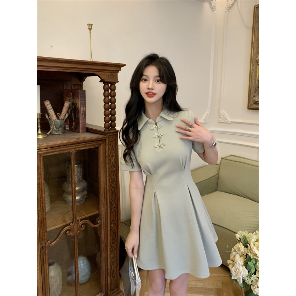 (Hàng Quảng Châu CC) Đầm Polo Phối Nút Tàu Tay Ngắn Kiểu Sườn Xám Cách Tân Váy Xòe Nhẹ Nhấn Eo Tôn Dáng