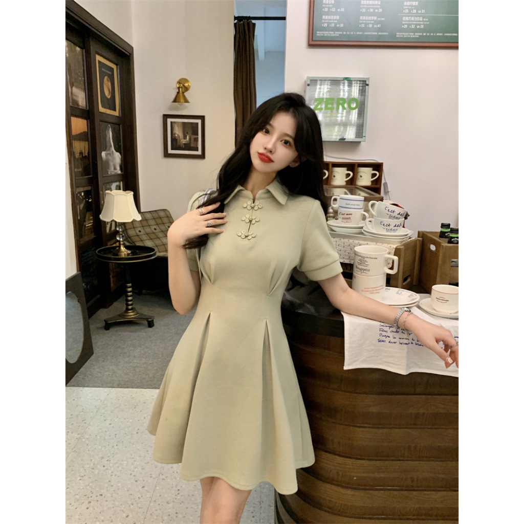 (Hàng Quảng Châu CC) Đầm Polo Phối Nút Tàu Tay Ngắn Kiểu Sườn Xám Cách Tân Váy Xòe Nhẹ Nhấn Eo Tôn Dáng