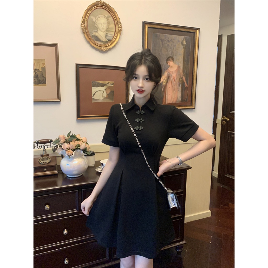 (Hàng Quảng Châu CC) Đầm Polo Phối Nút Tàu Tay Ngắn Kiểu Sườn Xám Cách Tân Váy Xòe Nhẹ Nhấn Eo Tôn Dáng