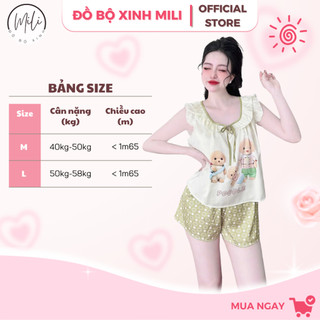 Đồ Bộ Ngủ Nữ, Đồ Mặc Nhà Lụa Latin Cao Cấp MiLi – Áo Cổ Tròn Phối Bèo Tay Cánh Tiên, Quần Đùi Có Túi