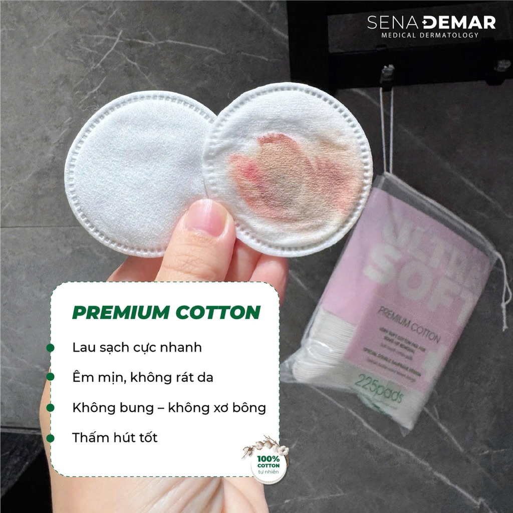 Bông tẩy trang tròn SenaDemar 225 pcs chất liệu 100% bông cotton - hạn 2028  IS212