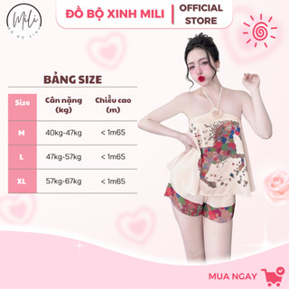 Đồ Bộ Nữ Mặc Nhà MiLi – Yếm Dây Phối Nơ Ngực, Quần Có Túi, Vải Lụa Latin Cao Cấp, Họa Tiết Dễ Thương, Đồ Ngủ Xinh