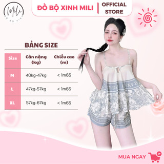 Bộ Ngủ Nữ, Đồ Bộ Mặc Nhà Lụa Latin Cao Cấp MiLi – Áo 2 Dây Thắt Nút Tàu, Quần Đùi Thắt Nơ Có Túi