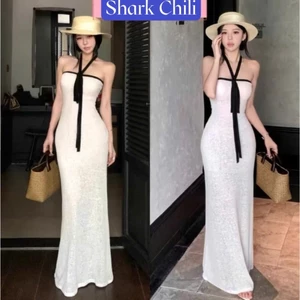 Đầm maxi dáng dài Váy body kèm dây cổ thun giấy đi tiệc đi biển đi chơi sang chảnh sexy s207