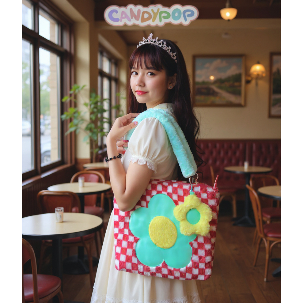 Checkerboard bag BLOOM - Túi tote vải lông phối da hoạ tiết bông hoa