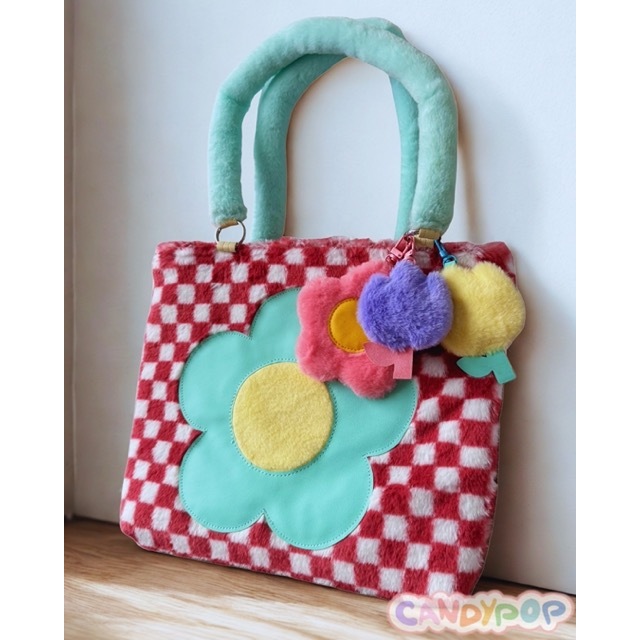 Checkerboard bag BLOOM - Túi tote vải lông phối da hoạ tiết bông hoa