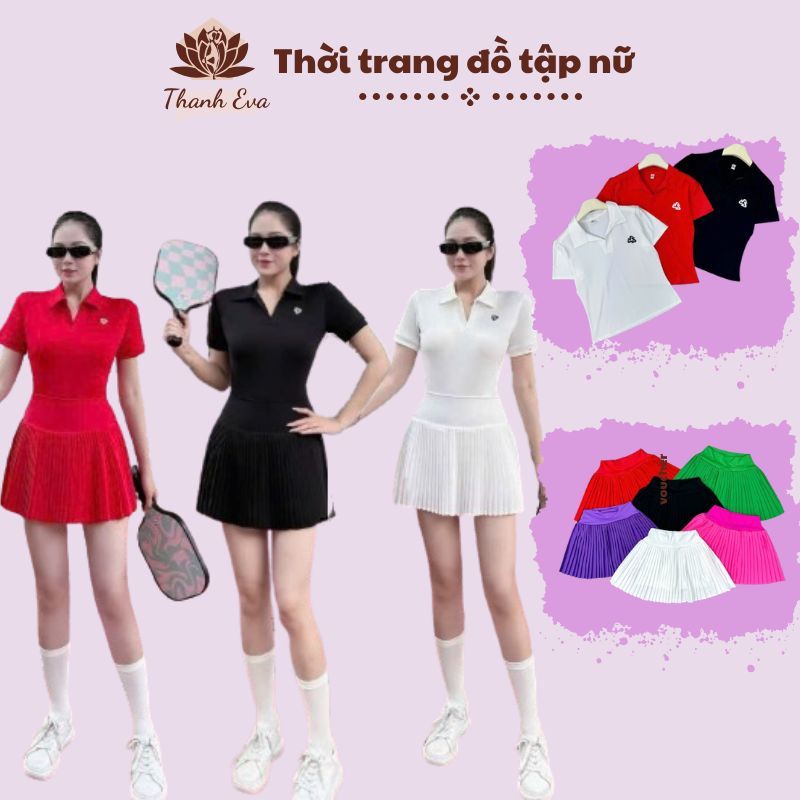 Bộ thể thao nữ TL01 áo polo + váy xếp ly tập pickleball, tennis, cầu lông, golf, chạy bộ...