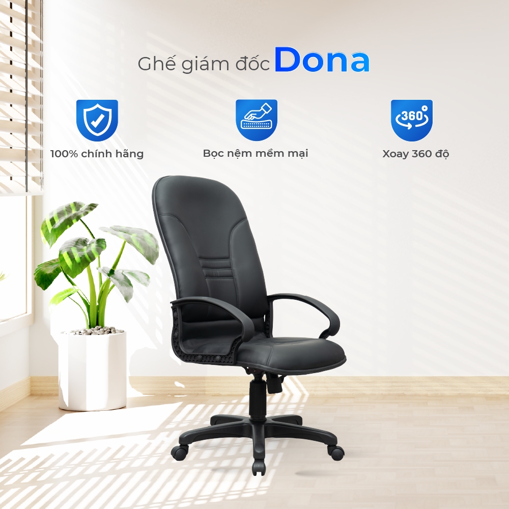 Ghế văn phòng cao cấp Dona Qui Phúc, chân xoay 360 độ, linh hoạt, tựa lưng êm ái, thoải mái