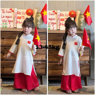 🔥Loại 1 hoả tốc HCM🔥(khăn +huy hiệu)Áo dài cờ đỏ sao vàng cho bé gái, Áo dài Quốc Khánh gấm hoa và lụa siêu mát 13-45kgd
