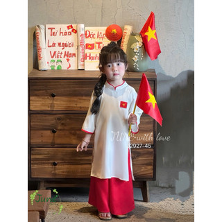 🔥Loại 1 hoả tốc HCM🔥(khăn +huy hiệu)Áo dài cờ đỏ sao vàng cho bé gái, Áo dài Quốc Khánh gấm hoa và lụa siêu mát 13-45kgd