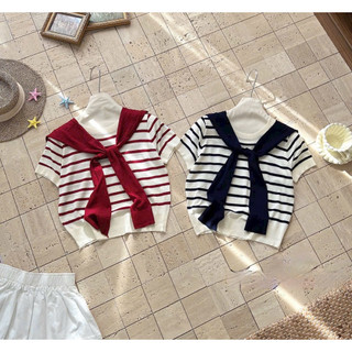 LT - Áo len nữ mongtoghi cộc tay kèm khăn choàng liền áo kẻ sọc ngang free size 1184
