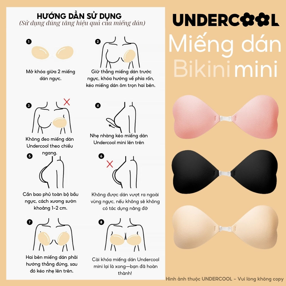 Miếng dán ngực tàng hình UNDERCOOL, Áo ngực dính liền mạch hình trái tim, ngực nhỏ, bikini DT30