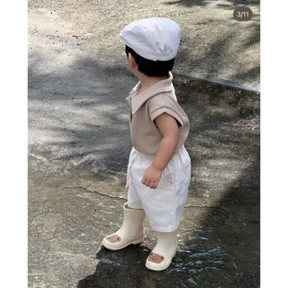 Set áo polo + quần short basic bé trai phong cách Hàn màu nâu