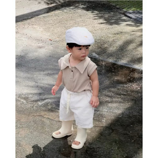 Set áo polo + quần short basic bé trai phong cách Hàn màu nâu