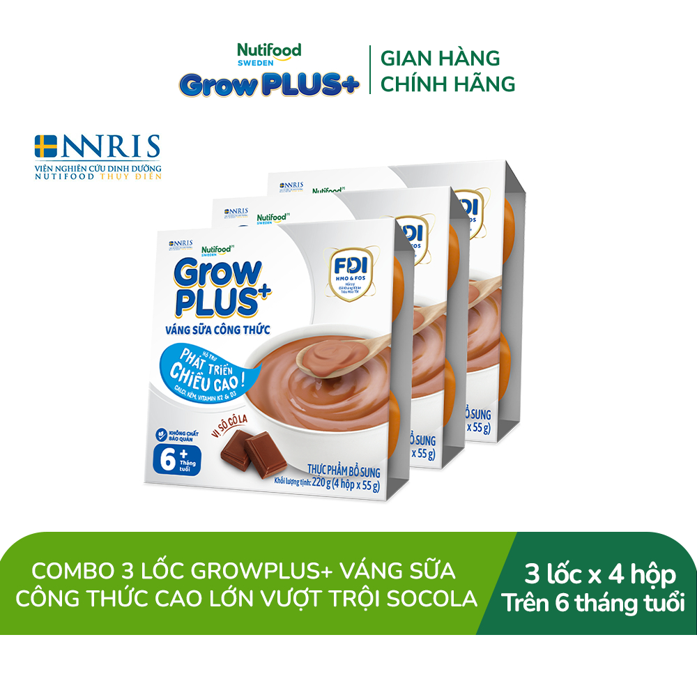 Combo 3 lốc GrowPLUS+ Váng sữa công thức Cao lớn vượt trội Vani & Socola (55g x 12 hộp)