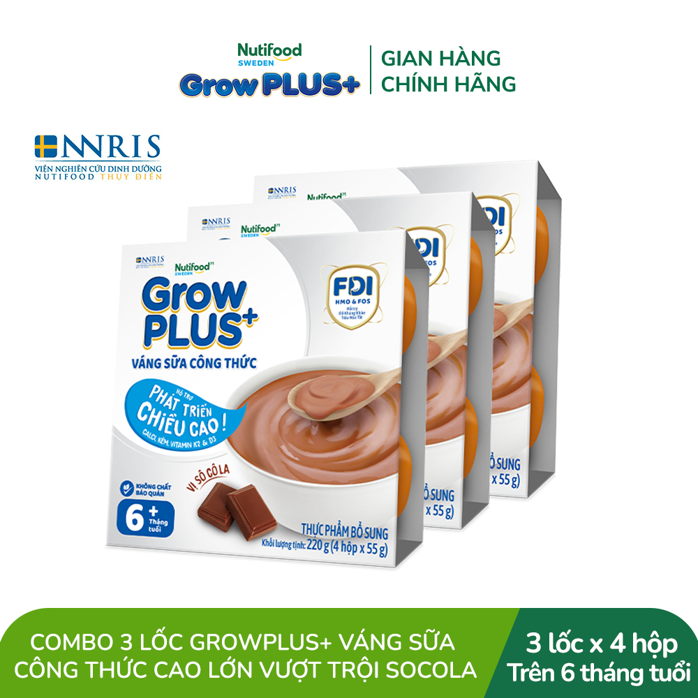 Combo 3 lốc GrowPLUS+ Váng sữa công thức Cao lớn vượt trội Vani & Socola (55g x 12 hộp)