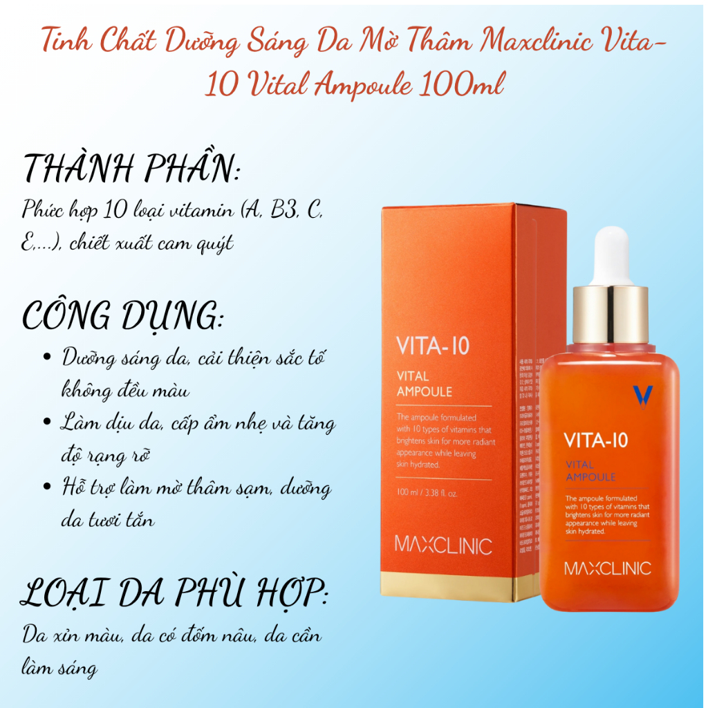 Tinh Chất Dưỡng Maxclinic Vita-10 Vital Ampoule Sáng Da, Mờ Thâm 100ml