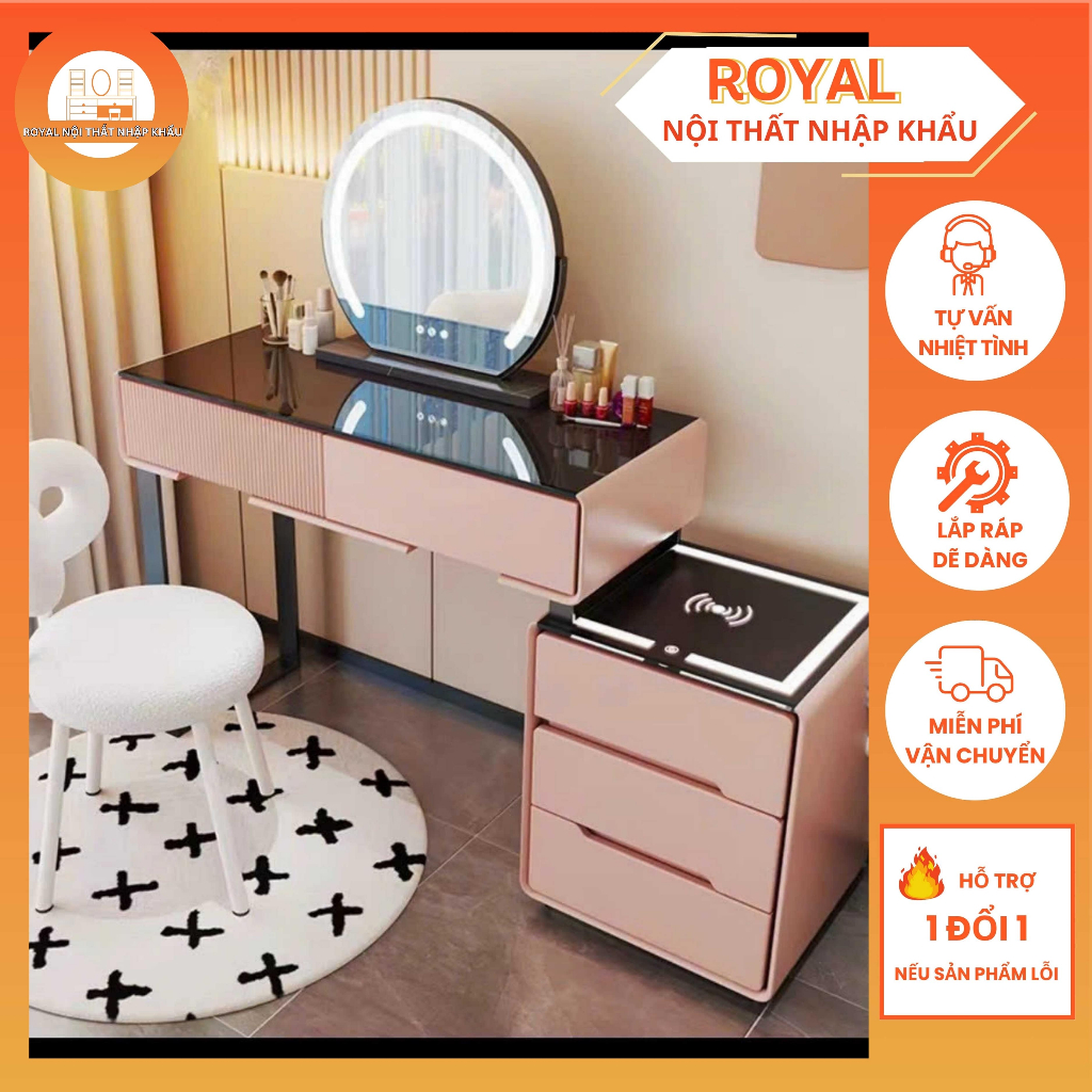 Bàn Trang Điểm BD1 ROYAL Cao Cấp – Gương LED Cảm Ứng, Sạc Không Dây, Tặng Ghế Lông Cừu Sang Trọng