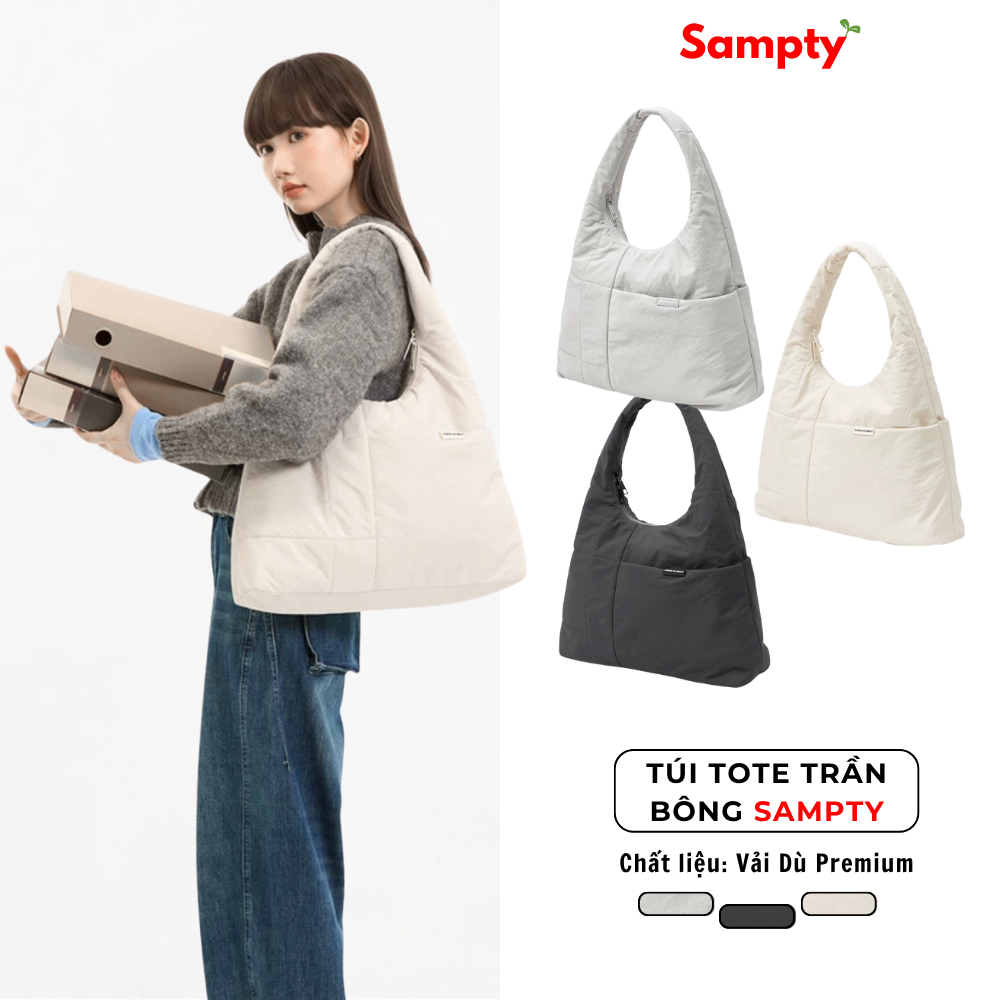 Túi Tote Trần Bông 𝐒𝐚𝐦𝐩𝐭𝐲 Chống Thấm Nước Vải Dù Premium Nhiều Ngăn Có Khóa Kéo Thời Trang Y2K Hàn Quốc