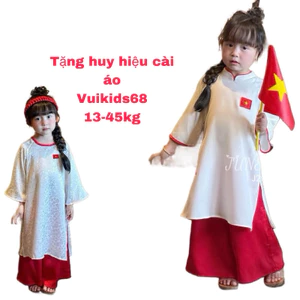 🔥Loại 1 hoả tốc HCM🔥(khăn +huy hiệu)Áo dài cờ đỏ sao vàng cho bé gái, Áo dài Quốc Khánh gấm hoa và lụa siêu mát 13-45kgd