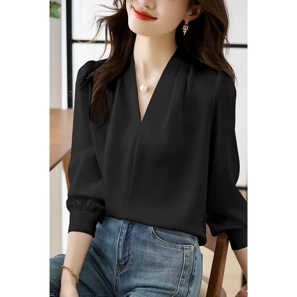 Áo sơ mi nữ lụa bóng ngọc trai cổ V ly vai dáng cơ bản thanh lịch, áo