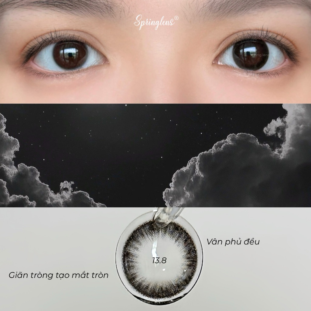 Kính áp tròng Xo Black đen giãn tròng baby xinh cute đi học đi làm 3 tháng 0-7 độ | Spring Lens