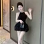 MK_ Đầm váy ngắn, đi tiệc cổ yếm ôm body đính đá tùng bí xoắn lưới sóng bồng kèm quần