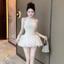 MK_ Đầm váy ngắn, đi tiệc cổ yếm ôm body đính đá tùng bí xoắn lưới sóng bồng kèm quần